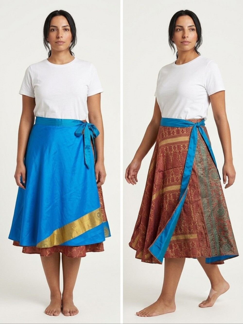 Darn Good Yarn Reversible Sari Silk Wrap Skirt XL Blue Gold Copper Boho Midi